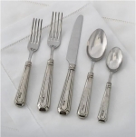 Dinasty Five Piece Place Setting Dinner Knife, Dinner Fork, Salad Fork, Table Spoon, Tea Spoon 

Care & Use:  Legacy Pewter flatware is dishwasher safe.  We recommend using the lowest heat setting for both wash and dry cycles, using liquid dishwashing soap without citrus or lemon scents.  So, do not wash in commercial dishwashers that clean with extreme heat.



